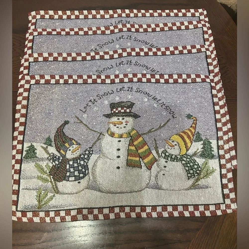 New Set of 4 Tapestry Style Snowman Placemats Size 19” x 13”. Whimsical Holiday